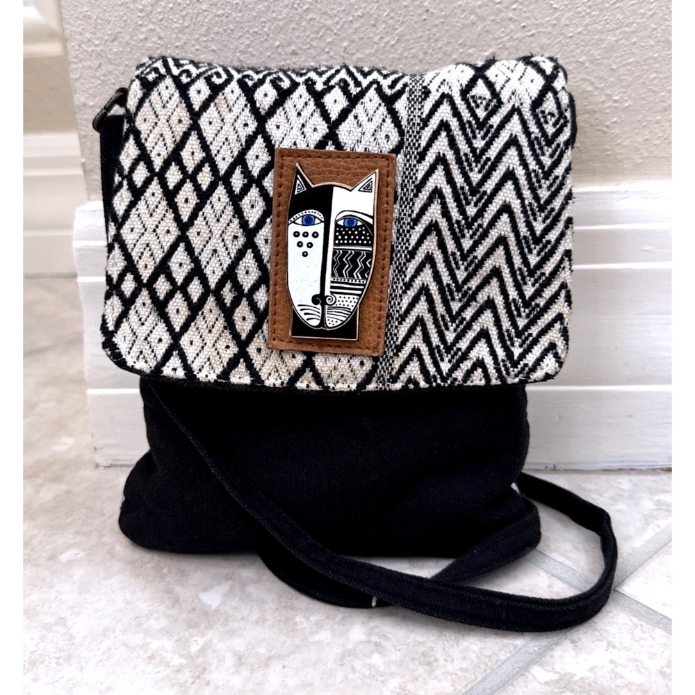 Laurel Burch Black White Woven Geometric Cat Crossbody Bag Canvas Small